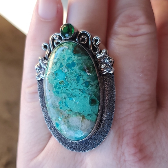 New Chrysocolla & Diopside 925 Silver Butterflies Statement Ring. - Picture 10 of 16